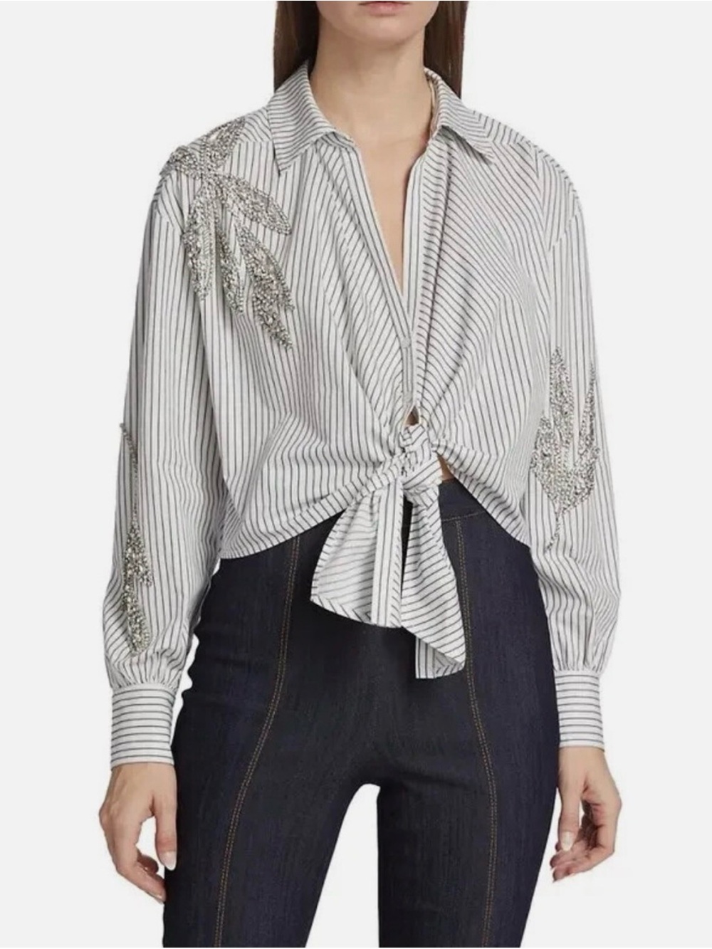 NWOT Cinq á Sept Marianna Striped Rhinestone Crop Tie Top Shirt M